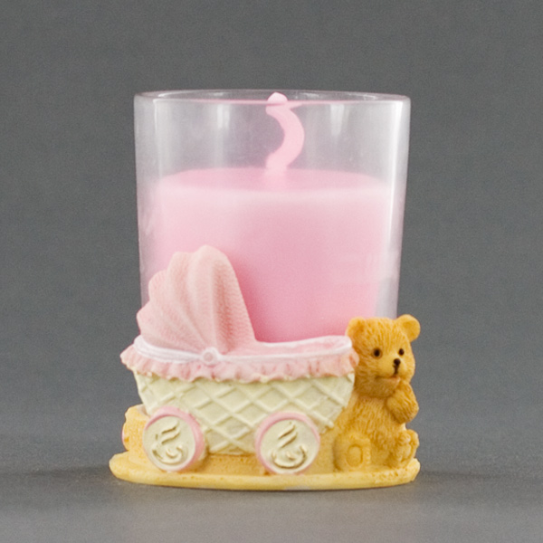 Ceramic Teddy Bear Candle Holder With Pink Baby Carriage Stroller