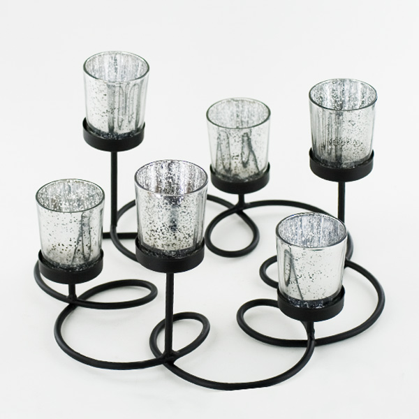 Metal Flower Shaped Candle Holder - Six Unique Glitter Silver Glass