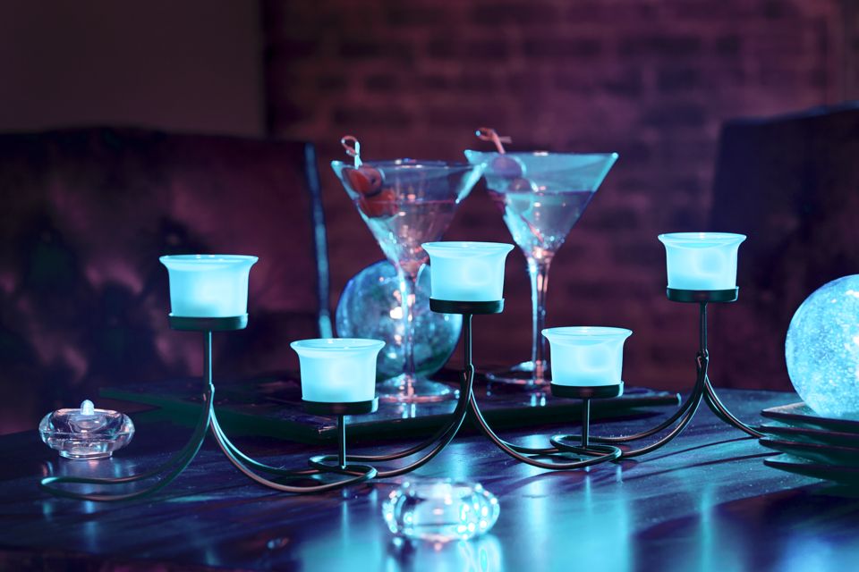 Candelabra Centerpiece with Teal LED Lights