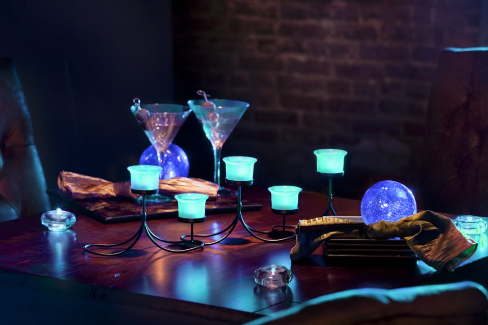 Candelabra Centerpiece with Teal LED Lights