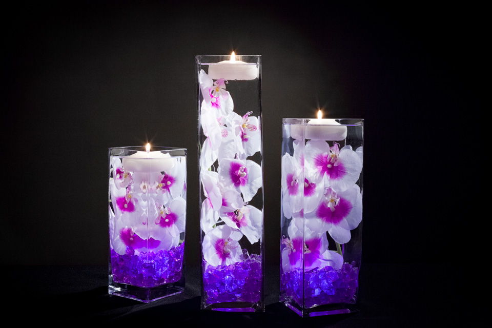 Violet Floral Centerpieces with LED Lights and Candles