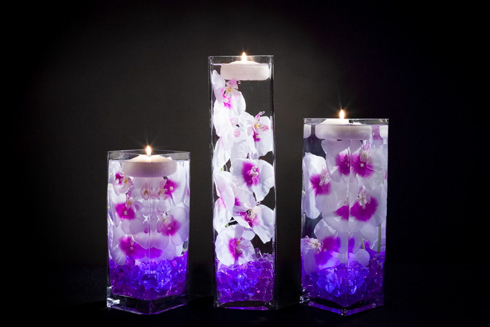 Violet Floral Centerpieces with LED Lights and Candles