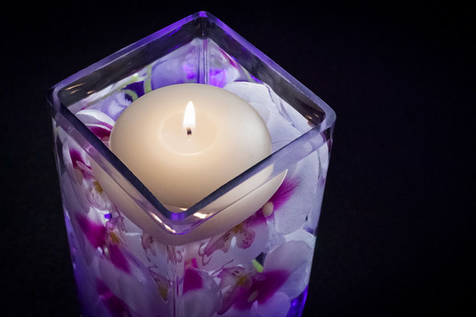 Violet Floral Centerpiece with LED Lights and Floating Candle