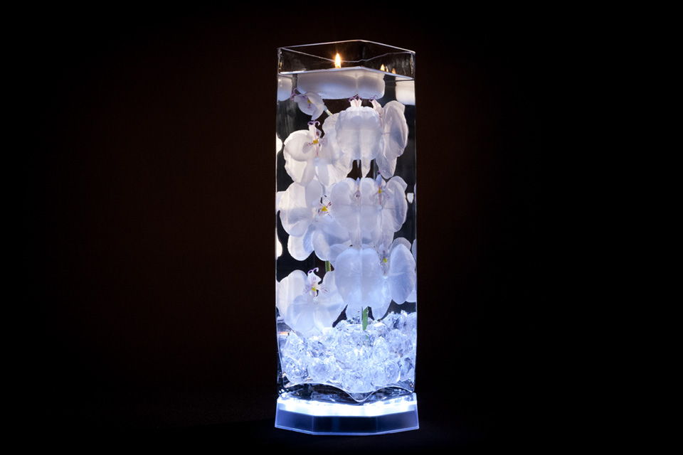 White Floral Centerpiece with LED Lights and Floating Candles