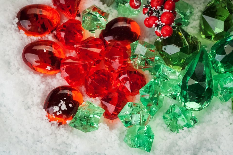 Red & Green Gems Decor On A Bed Of Snow