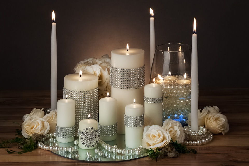 White Candle with Pearl Decor  Wedding centerpieces, Wedding decorations,  Pearl centerpiece