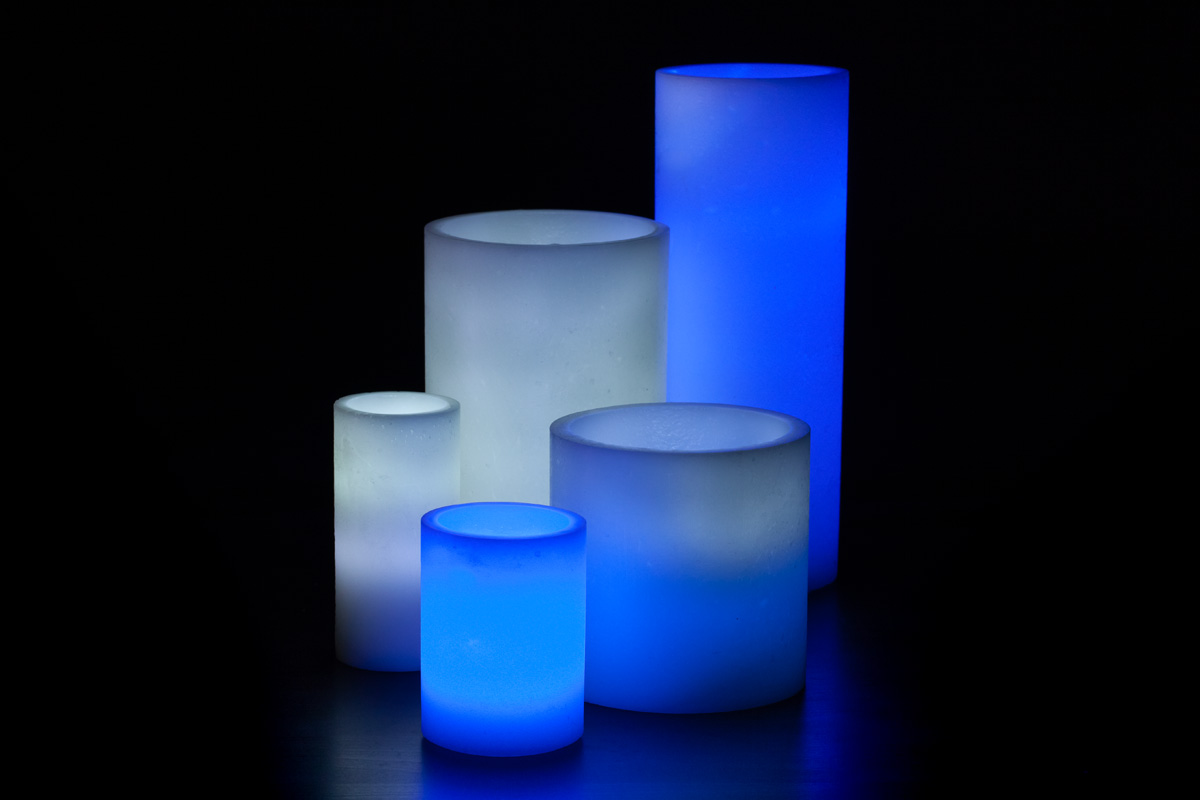 A Blue and White Themed Wax Luminary Display
