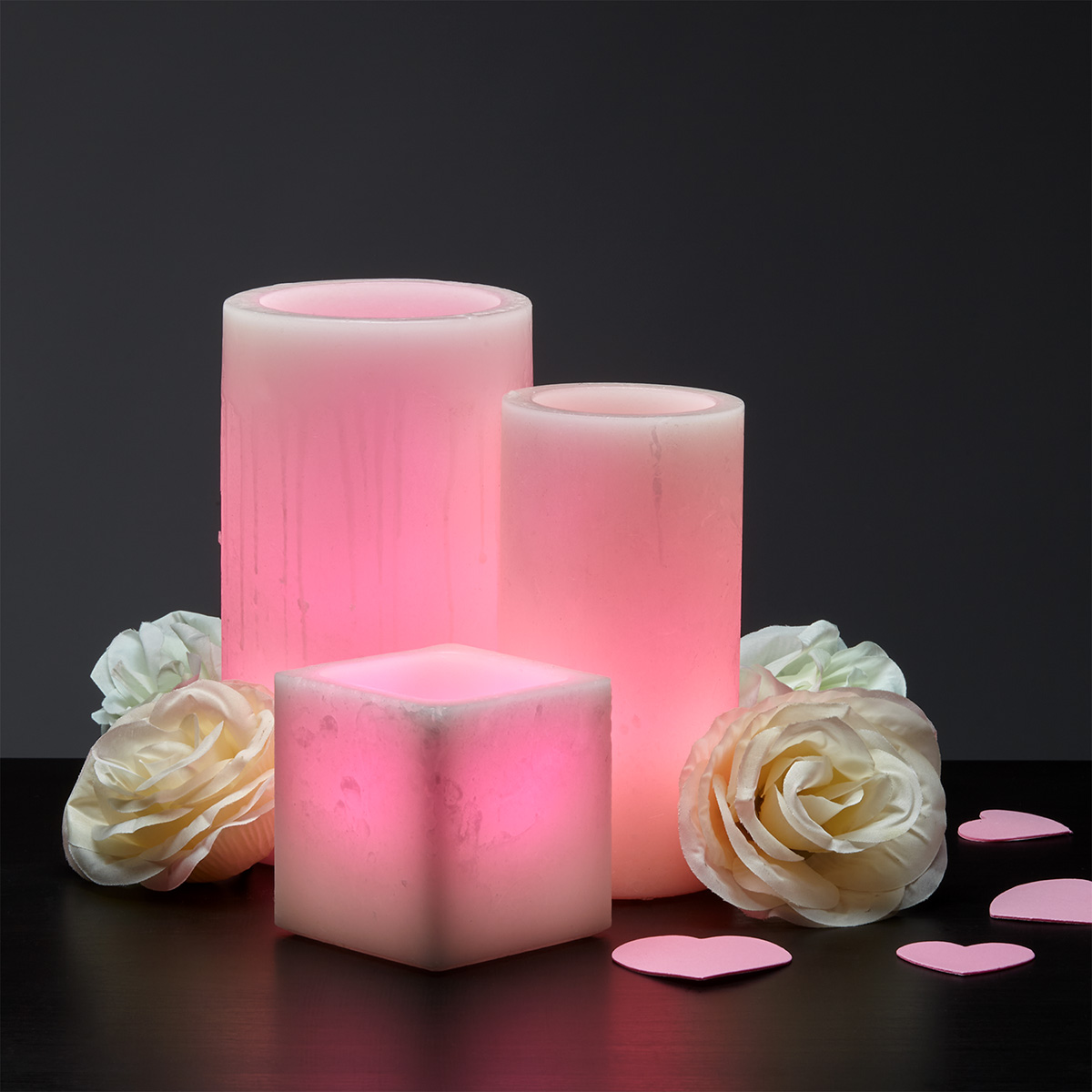 Pink Valentines Day Flameless Candles with Rose Buds
