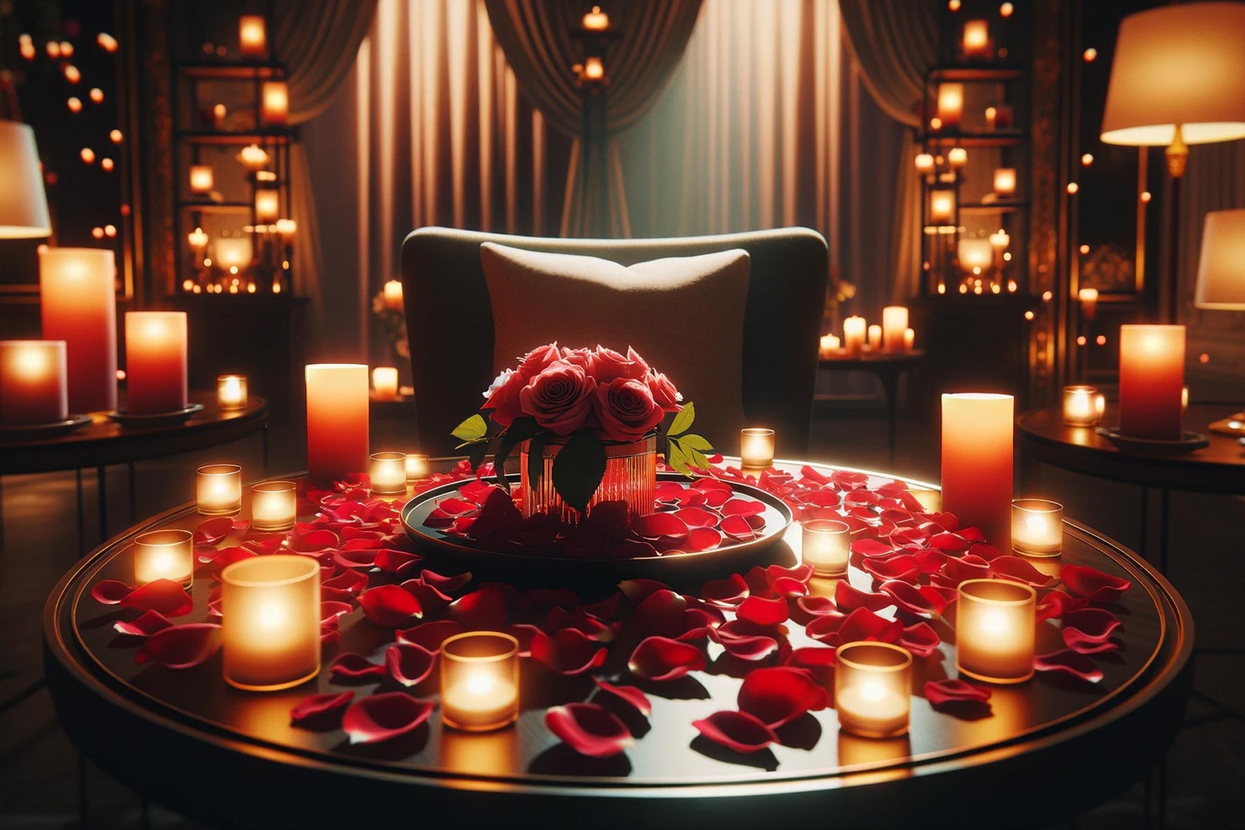 Romantic Candlelit Table with Rose Petals and Flowers