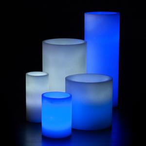 A Blue and White Themed Wax Luminary Display