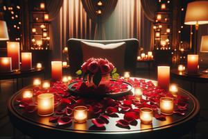 Romantic Candlelit Table with Rose Petals and Flowers