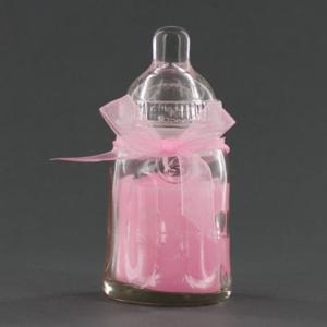 Glass Baby Bottle Shaped Candle Holder - Pink Party Favor - Its A Girl