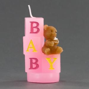 Bear Sitting On Pink Baby Blocks - Baby Shower Candle Favor