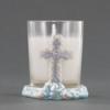 Silver Cross Shaped Poly Resin Candle Holder - Glass Votive Holder