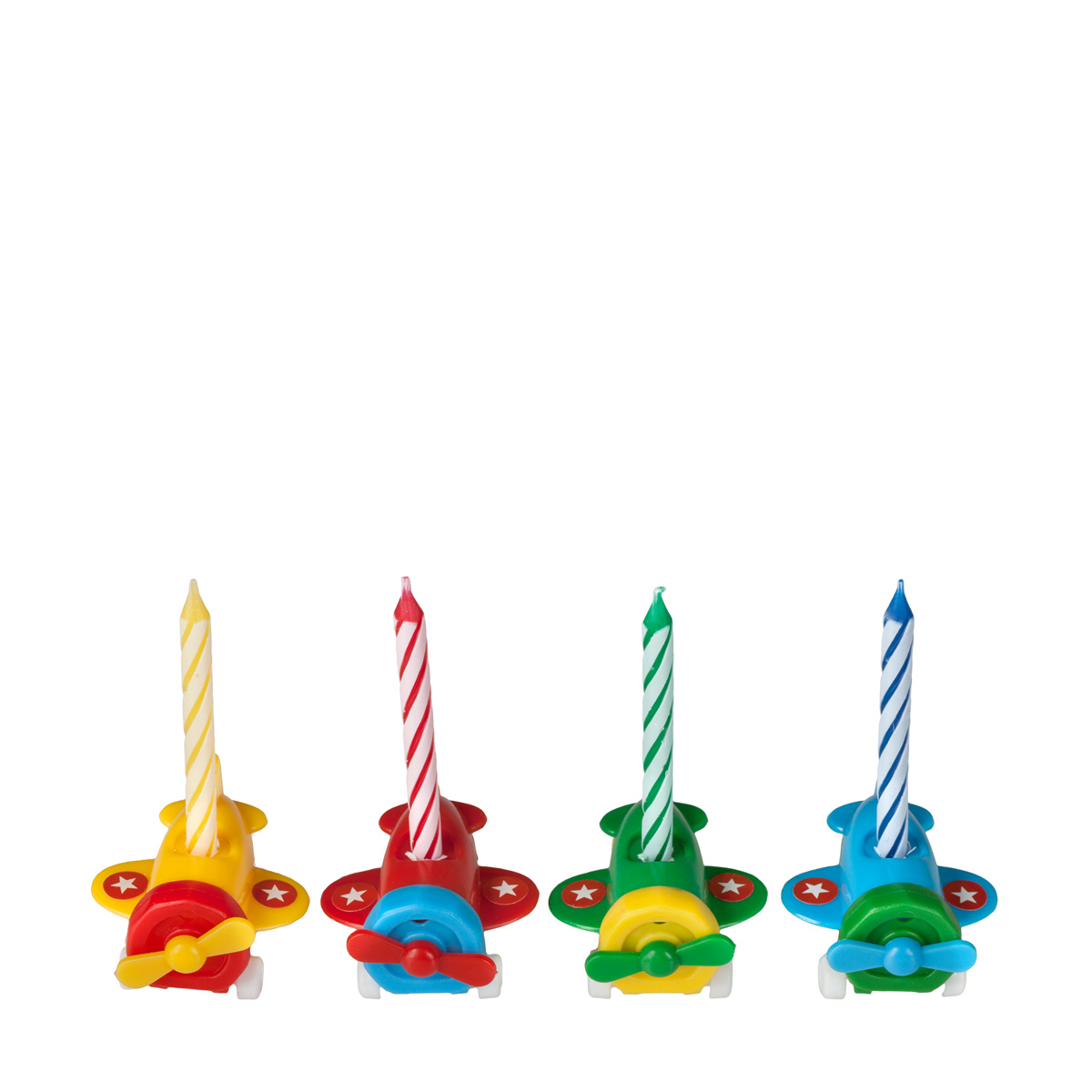 Four Birthday Candles In Decorative Airplane Shaped Colored Holders