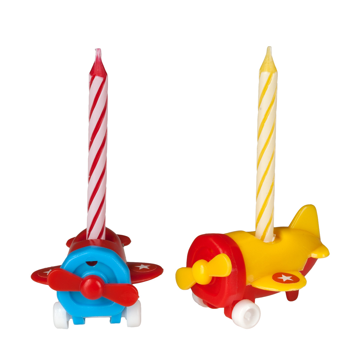 Four Birthday Candles In Decorative Airplane Shaped Colored Holders