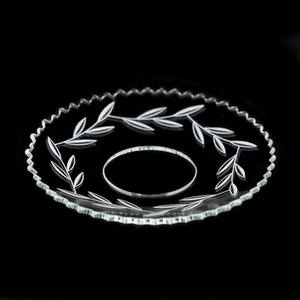 Clear Glass Bobeche with Etched Leaves and Serrated Cut Rim