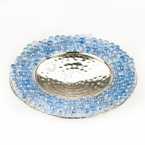 Chrome Pillar Candle Holder with Blue Glass Beads