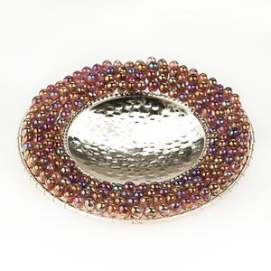 Chrome Pillar Candle Holder with Purple Glass Beads
