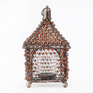 Amber Beaded House Lantern Tea Light and Votive