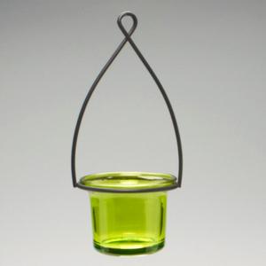 Hanging Tealight Lantern - Metal Wire With Flared Glass Cup - Green