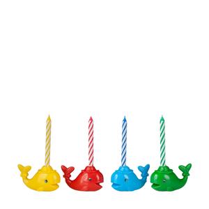 Four Birthday Candles In Whale Shaped Colored Holders