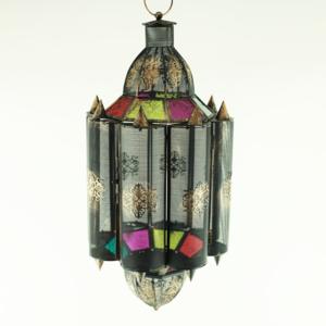 Hanging Moroccan Lantern Multicolored Glass Gold Black Metal