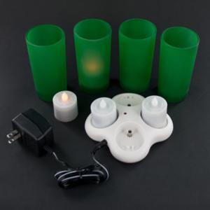 Original 4Pc Rechargeable LED Votive Set - Amber Flicker Green Glass