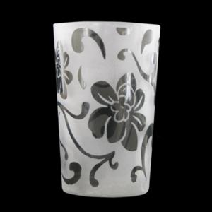 Frosted Glass Holder With Floral Accent - Frosted White Gray Flowers